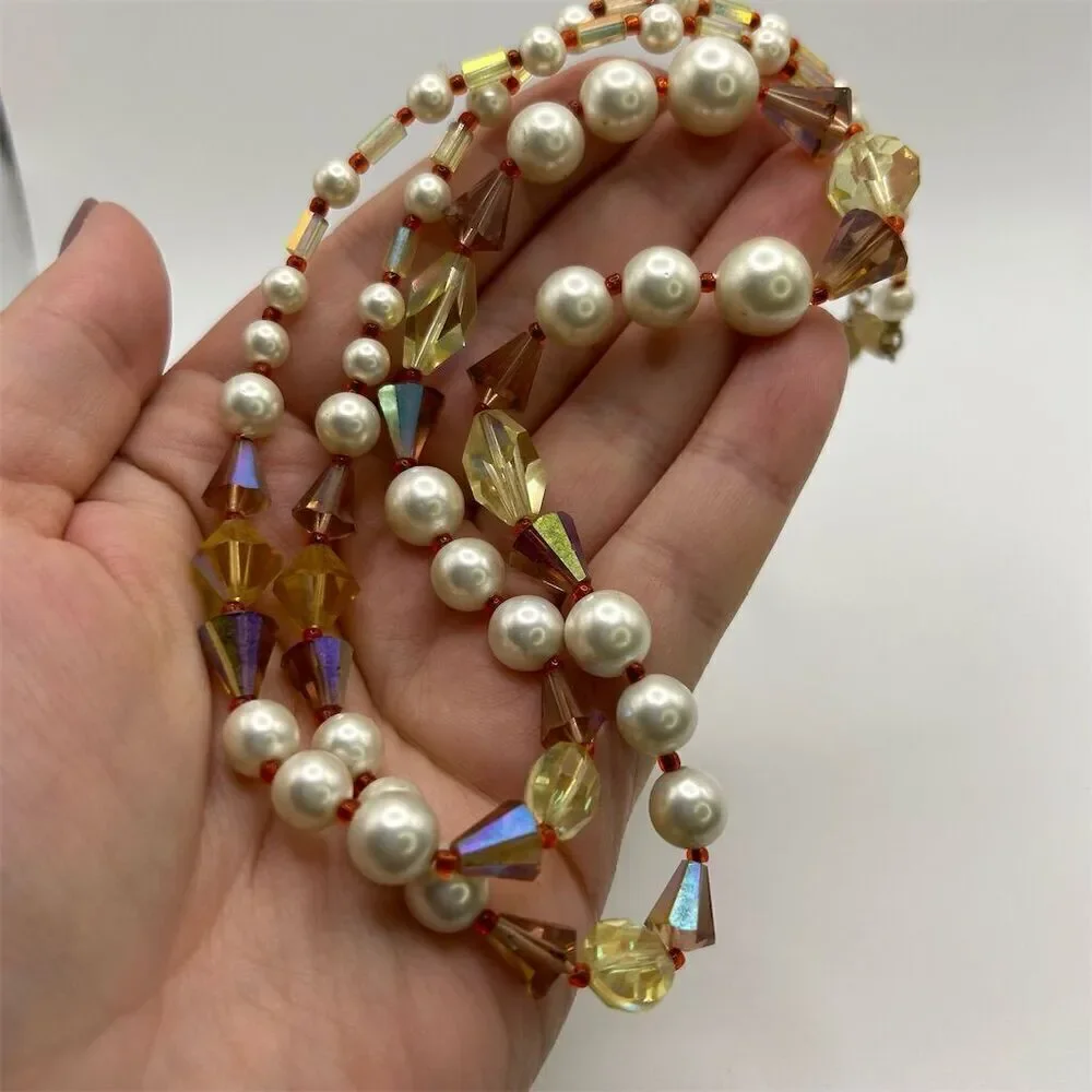 Vintage Vendome Signed Faux Pearl & Sparkle Beaded Long Necklace 28